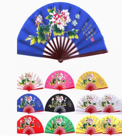 2 Dimensioni Tai Chi Kung Fu Dance Fan Bamboo Bone Peony Flower Large Silk Folding Chinese Wushu Eseguire I Fan Della Mano