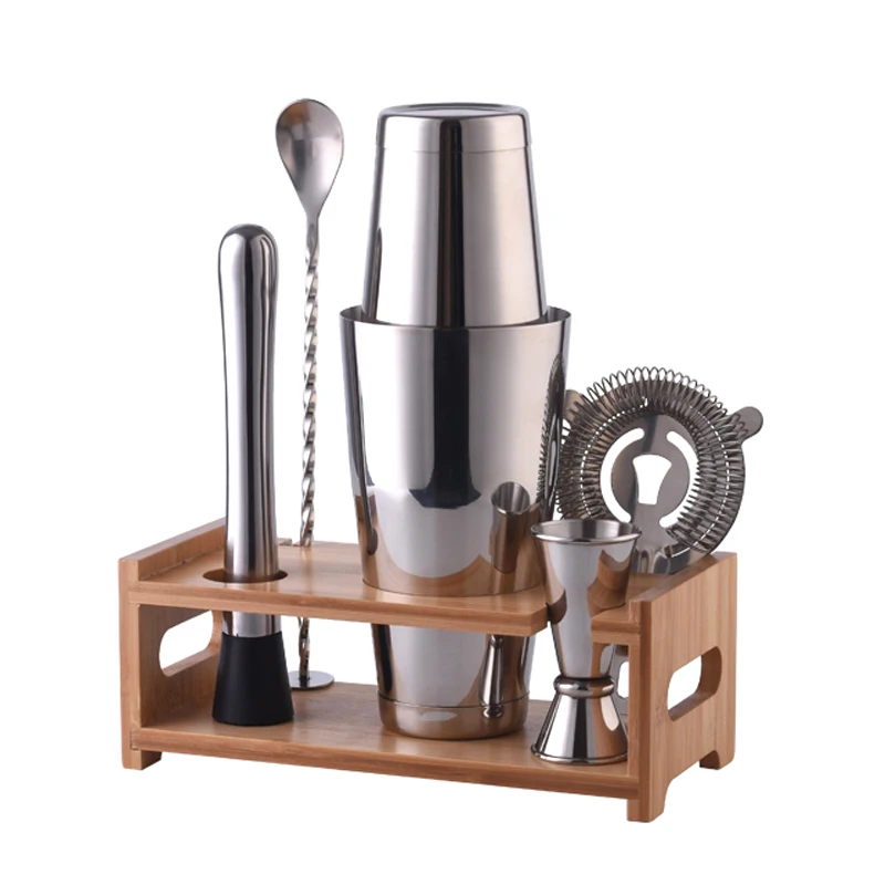 28Oz 600/800Ml In Acciaio Inox Boston Cocktail Shaker Accessori Per Barman Supporto In Legno Di Bambù Set Di Strumenti Per Bar Kit 6 Pezzi