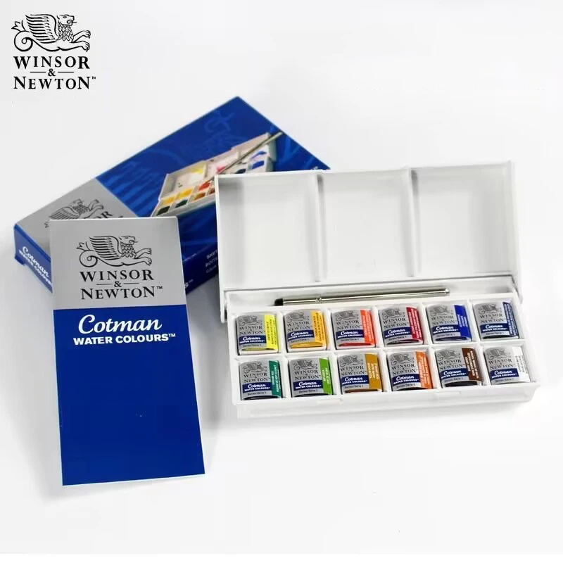 Winsor & Newton 12 Colori Cotman Solid Acquerello Paint Sketchers Pocket Box Mezze Padelle Palette Pennello Ad Acquerello Acuarela School