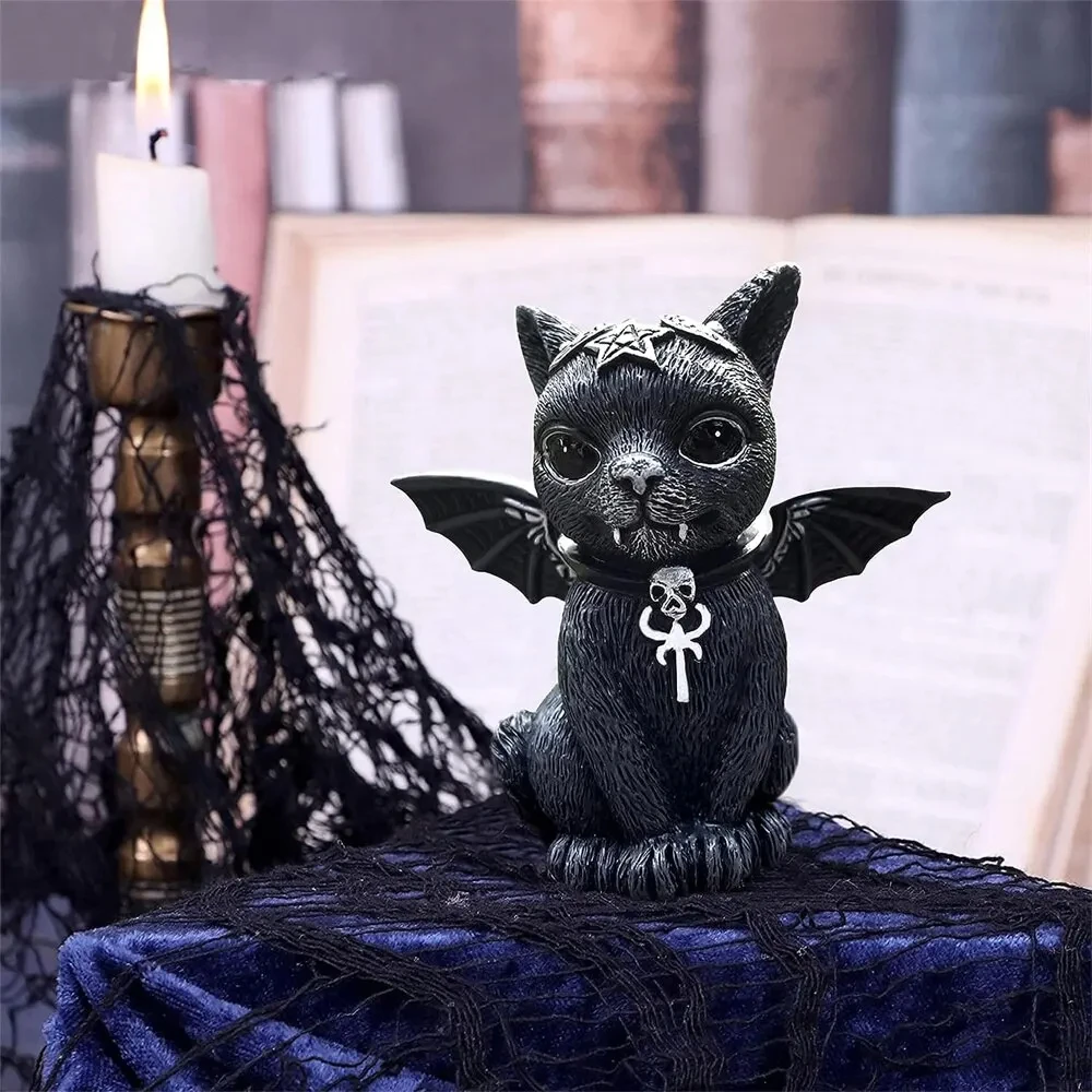 Halloween Magic Black Cat Kitty Sculpture Lawn Gnome Figurine Desktop Sculpture Horror Statue Home Garden Yard Decor Holiday