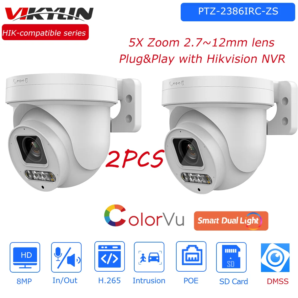 2Pcs Vikylin Hikvision Compatibile 8Mp Colorvu 5X Zoom Telecamera Ip Ptz Audio A 2 Vie Slot Per Scheda Sd Sorveglianza Telecamera Ip Poe Vista App