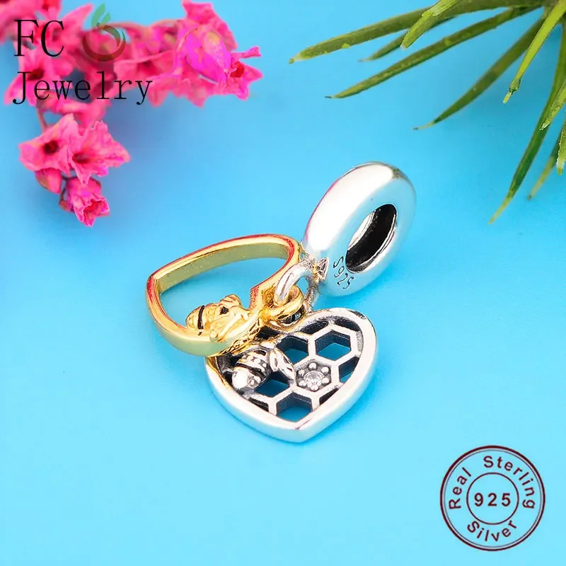 Fc Jewelry Fit Original Brand Charms Bracciale 925 Argento Color Oro Double Honey Bee Honeycomb Heart Bead Making Berloque 2020