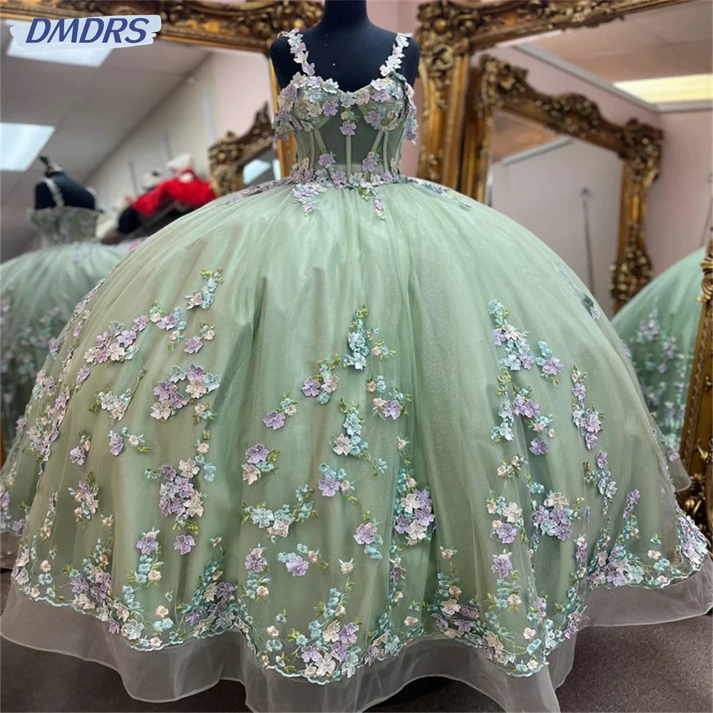 Affascinante Sparkly Sweetheart 3D Flowers Tull Quinceanera Dress Ball Gown Puffy Dress 16Th Birthday Debuttion Vestido De