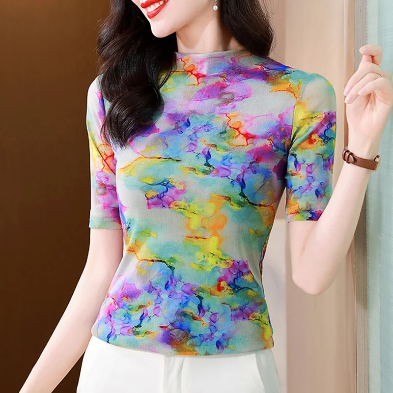#6927 Summer Tie Dye Printed Mesh T Shirt Donna Stand Collar Sexy Skinny T-Shirt Femme Vintage Short T-Shirt Da Donna Streetwear