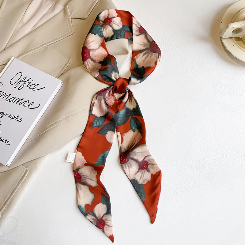 New Ribbon Silk Scarfs For Lady Soft Satin Long Neck Scarf 7*130Cm Women Headband Skinny Silk Scarves Bag Flower Print Luxury