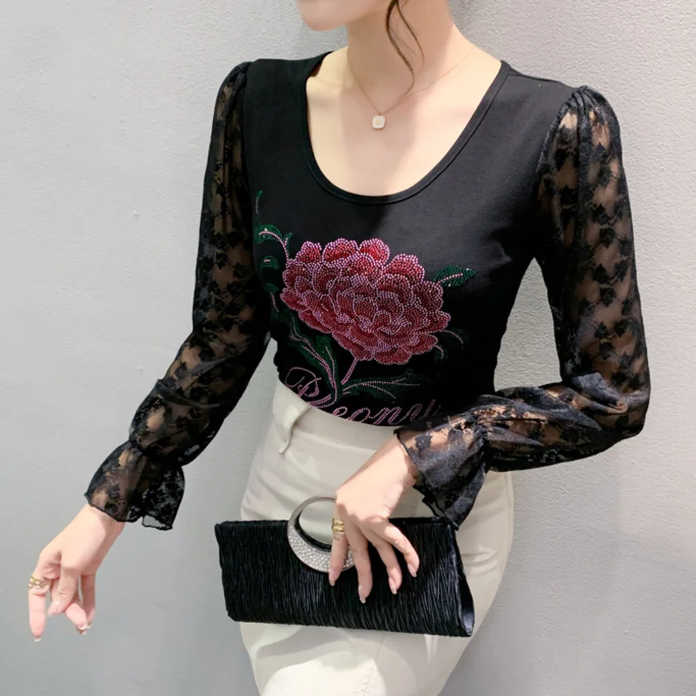 #8611 Black Flower Diamonds Vintage Short T Shirt Donna Split Joint Lace Mesh Manica Lunga Skinny Tshirt Femminile Girocollo Retrò