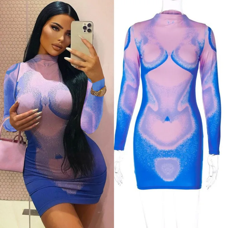 Bad Tooth Y2K Body Print Dress 2024 European America New Contrast Color Sexy Fit Bag Glutei Gonna Corta A Maniche Lunghe A-Line