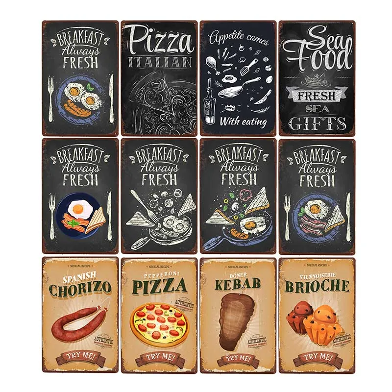 Deliziosa Colazione Metal Tin Sign Pizza Hamburger Vintage Food Poster Cucina Ristorante Dessert Cake Shop Home Wall Decor Art