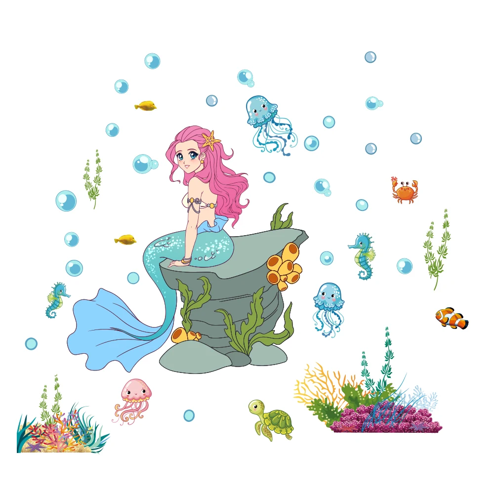 Blue Sea Fish Bubble Mermaid For Kids Rooms Bagno Wall Sticker Broken Wall Poster Art Decalcomanie Kids Room Decor Baby Favor