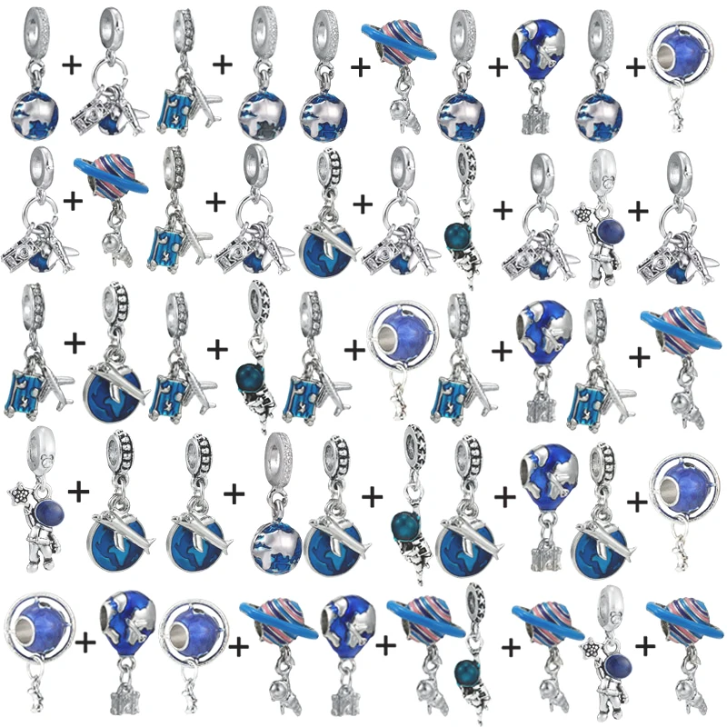 2 Pz/Lotto 45 Stili Blue Earth & Plane & Astronaut Charm Bead Con Ciondoli Fit Bracciale E Collana Di Marca Per Regalo Di Gioielli Da Donna
