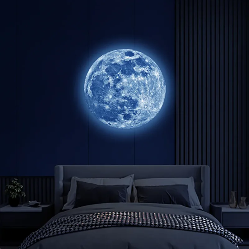 Luminoso Moon Wall Sticker Glow In The Dark Fluorescente Sticker Pvc Home Kids Room Decor Panel Decalcomanie Wallpaper Blue Green Light