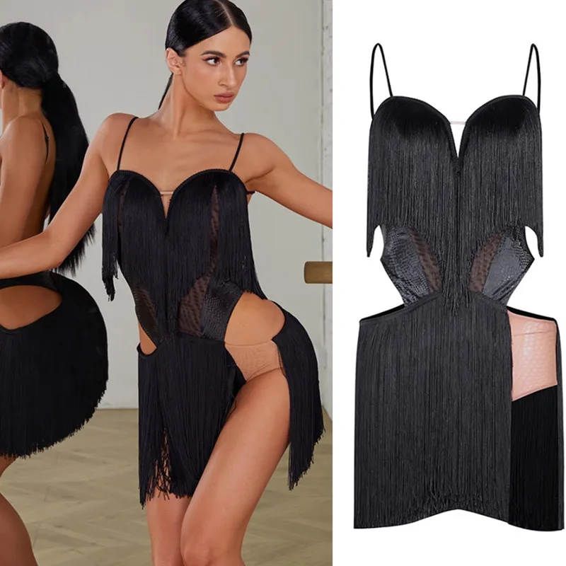 Abito Latino Sexy Black Fringe Concorso Latino Abito Latino Salsa Cha Cha Samba Rumba Dress 2404