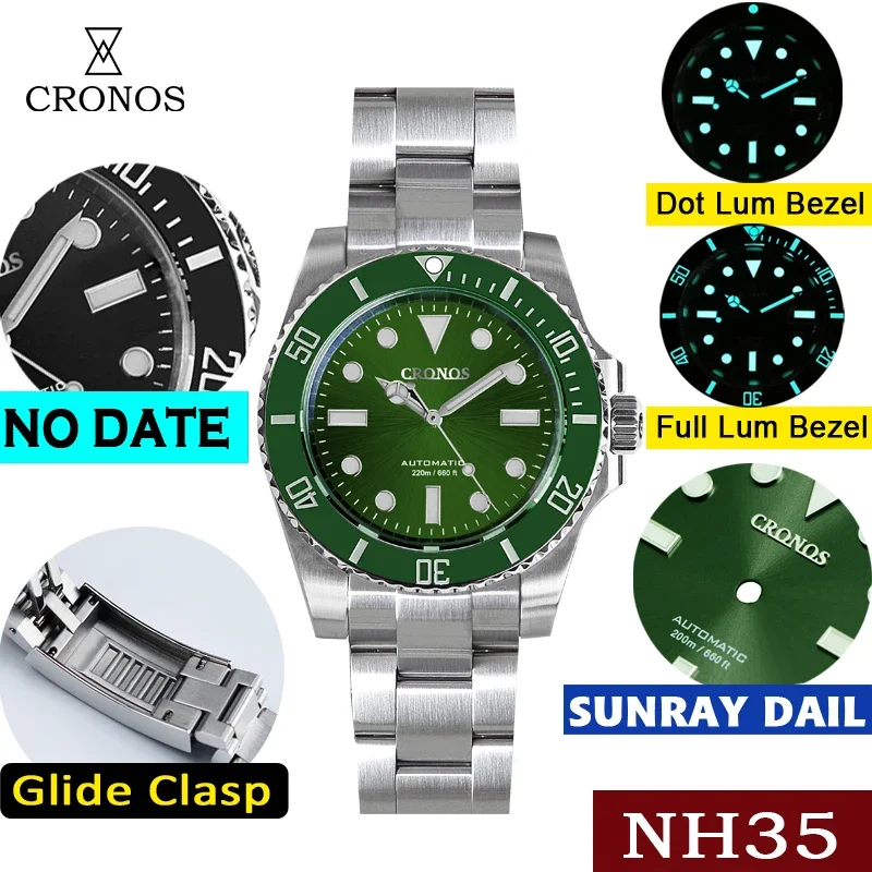 Cronos 40Mm Uomo Sub Dive Watch Sapphire Bgw-9 Luminoso 200M Orologi Impermeabili Nh35 Movimento Automatico Orologio Da Polso Meccanico