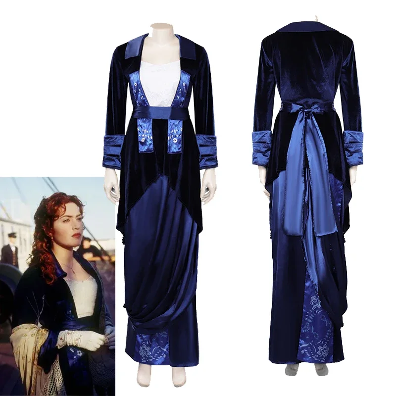 Film Titanic Cosplay Rose Dewittt Bukater Costume Dress Dancing Party Prom Dress Walking Dress Halloween Party Blue Long Dress