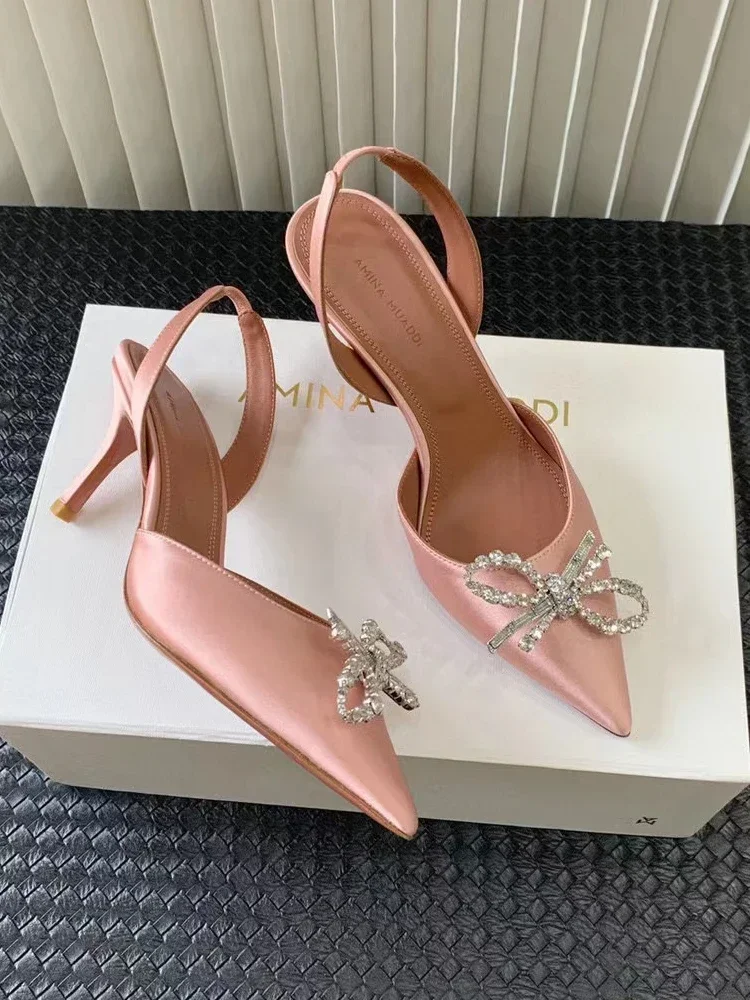 Amina Muaddi Rose Scarpe A Punta Décolleté Slingback In Raso Strass Clear Crystal Begum Camelia Bow Glass Wedding Party