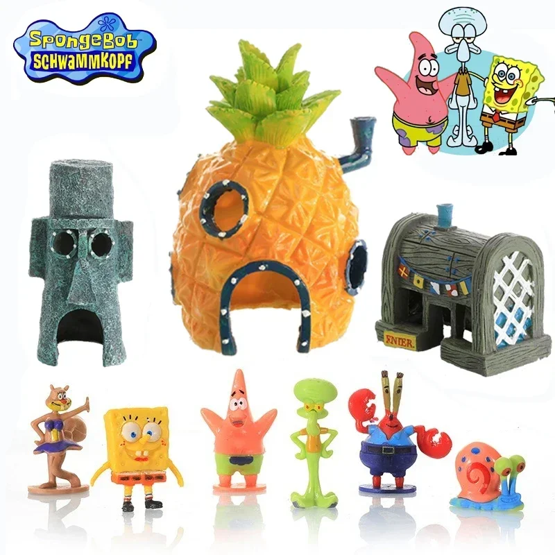 New Spongebob Action Figures Toy Set Fish Tank Decoration Anime Aquarium Doll Decor Cartoon Ananas House Crab King Decoration