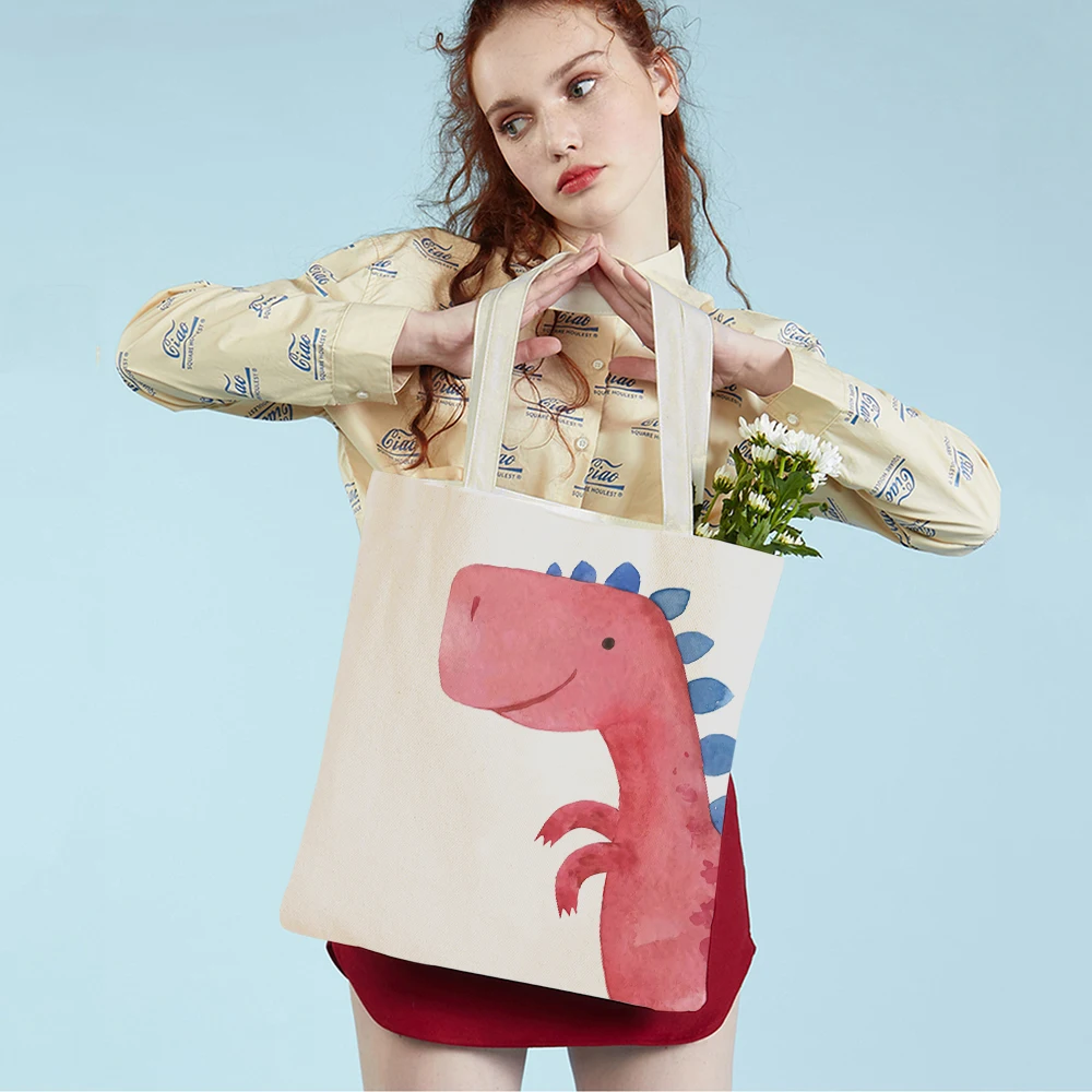Cute Cartoon Dinosaur Tyrannosaurus Triceratops Casual Women Shopping Bags Animal Canvas Supermarket Shopper Bag Tote Handbag