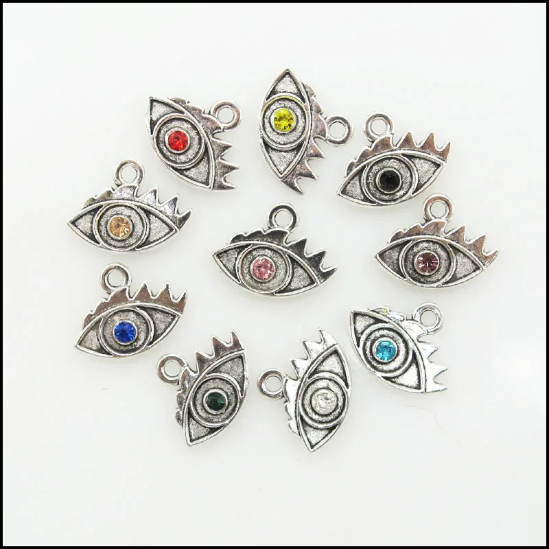 20 New Eye Fire Charms Retro Mixed Round Crystal Pendenti Placcati Argento Antico 11X16Mm
