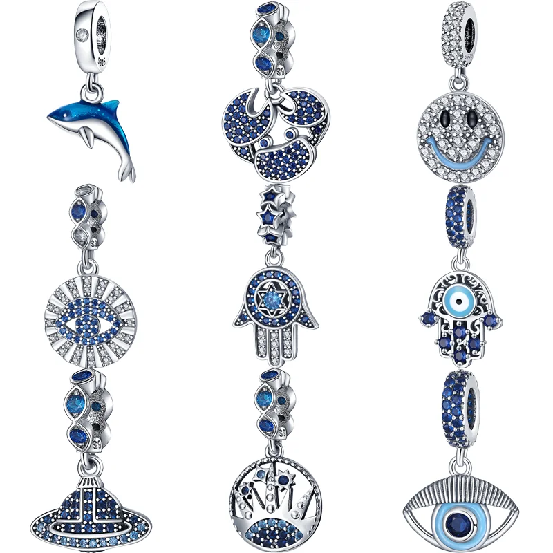100% 925 Sterling Silver Blue Eyes Smile Dolphin Crab Crown Pendant Shiny Beads Fit Original Pandora Charms Bracciale Gioielli Fai Da Te