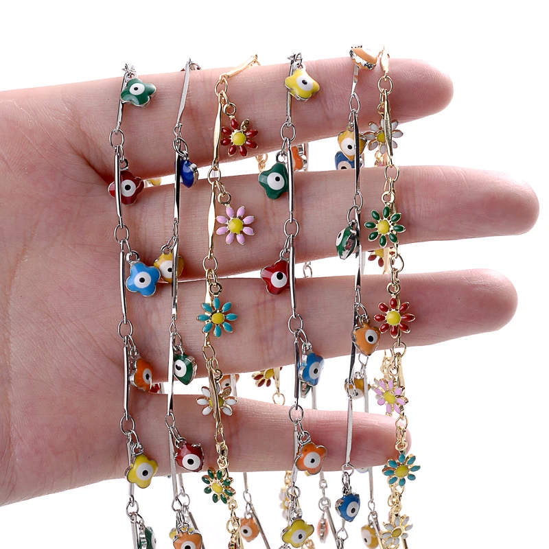 1 Meter Flowers Devil'S Eyes Beads Gold Silver Color Stainless Steel Chains For Diy Jewelry Making Necklaces Bracelets Anklet