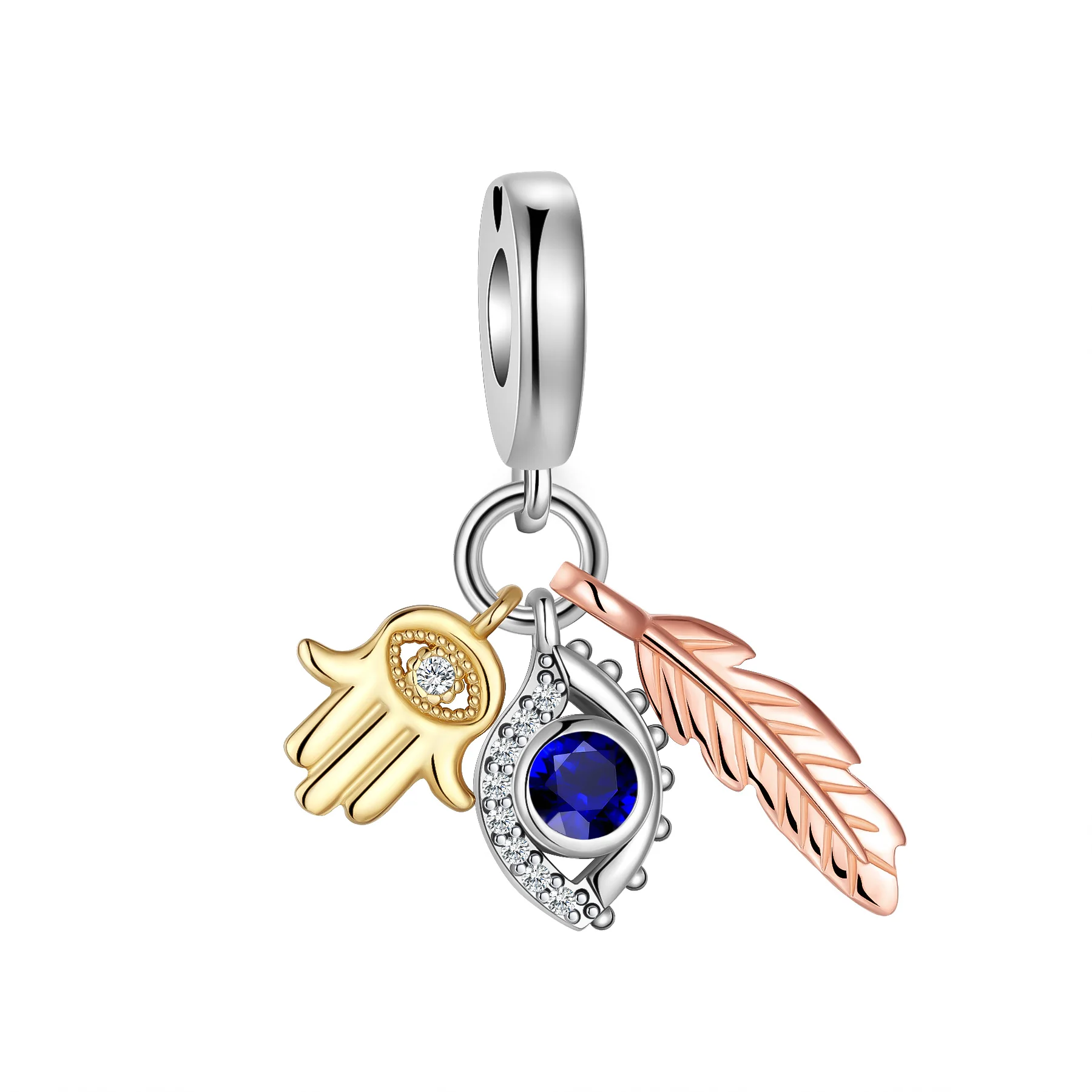 925 Sterling Silver Rose Gold Feather Blue Eyes Gold Hands Ciondolo Charms Beads Fit Pandora Bracciale Originale Creazione Di Gioielli Fai Da Te