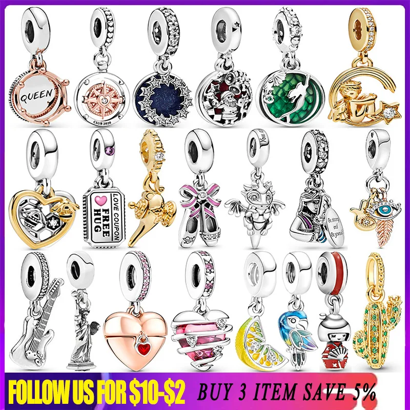 Jungle Paradise Parrot Charm Ciondola 925 Sterling Silver Lemon Guitar Eye Feather Charms Ciondolo Fit Pandora Bracciale Gioielli