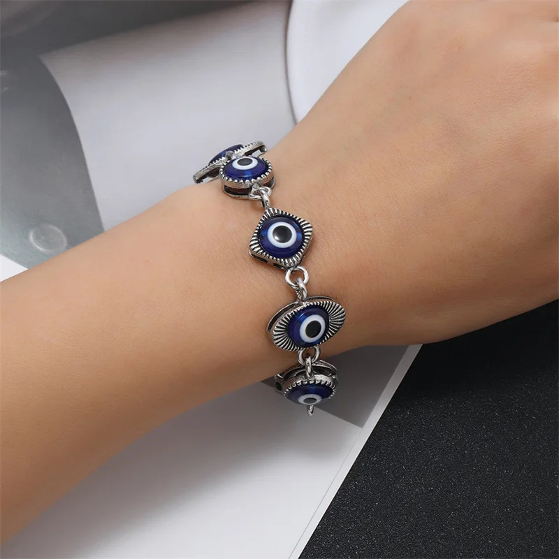 Braccialetto Vintage Turco Fatima Per Donna Retro Argento Colore Cristallo Boemia Link Bracciale Charm Evil Eye Jewelry