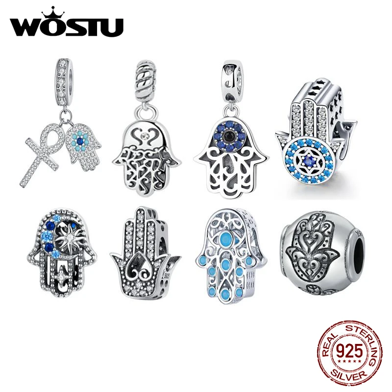 Wostu 925 Sterling Silver Hand Of Fatima Series Charm Demon Eye Bead Pendant Fit Original Bracelet Necklace Gioielli Fai Da Te