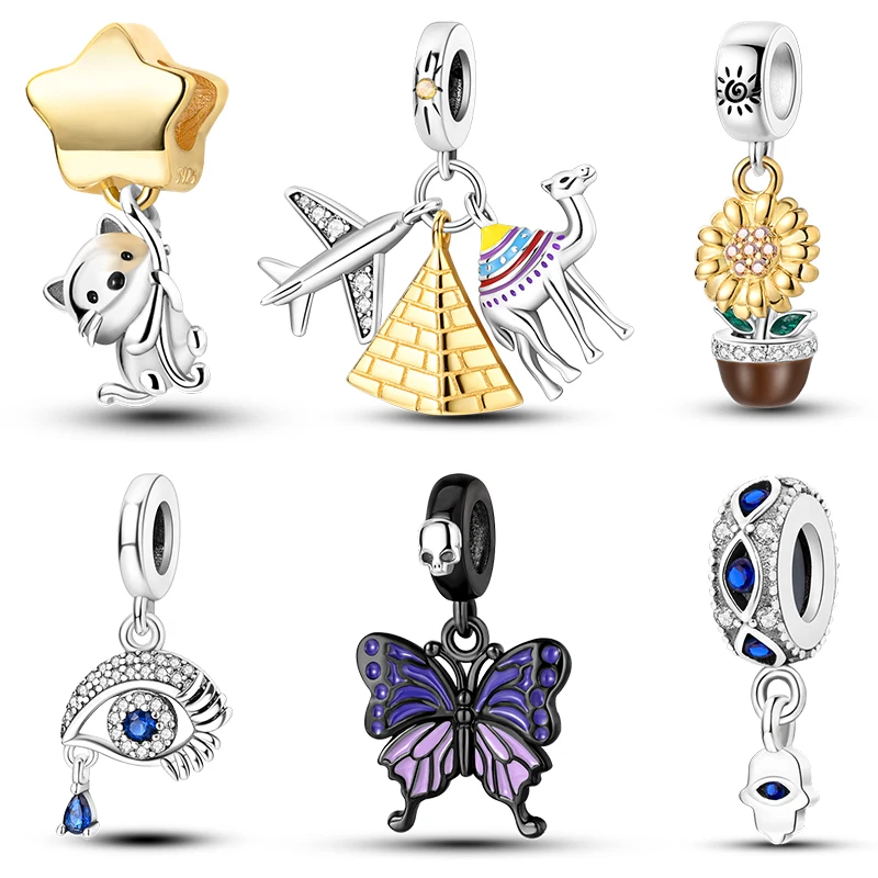 925 Sterling Silver Pyramid Cat Girasole Evil Eyes Charms Beads Fit Pandora 925 Bracciali Originali Gioielli Fai Da Te Souvenir Regali