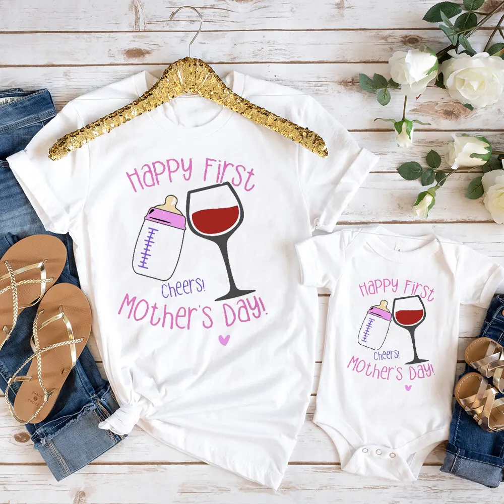 Happy First Mother'S Day Cheers Letter Print Family Outfit Casual Manica Corta Coordinata Set Holiday Family Party Clothing