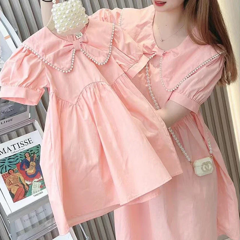 Summer Women Girls Cute Doll Collar Family Dress Madre Figlia Family Matching Dresses Mommy And Me Mini Dress Family Look