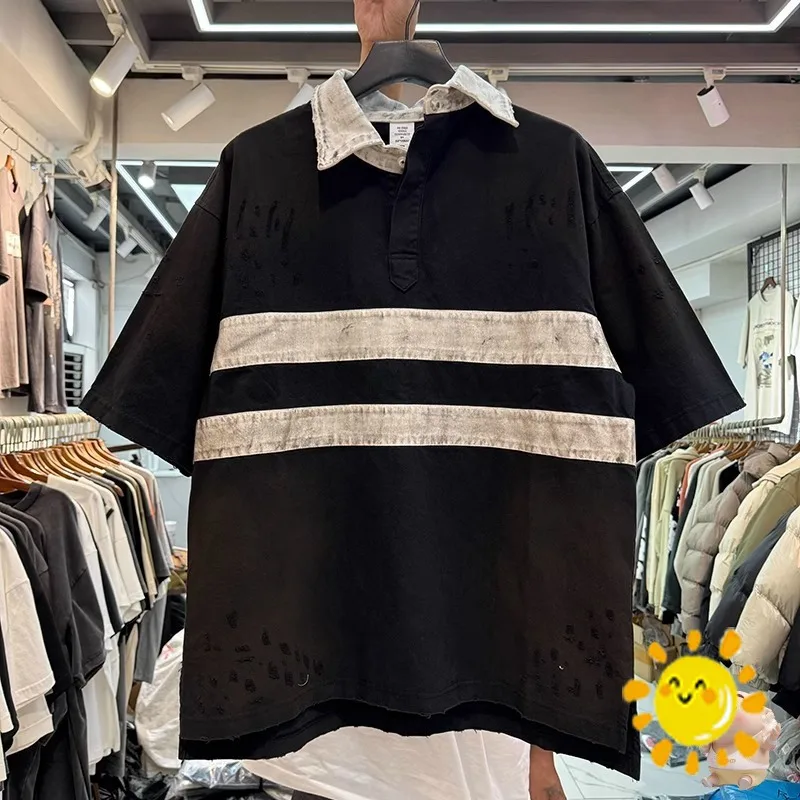 24Ss Vintage Top Level Version Patchwork Washed Polo T-Shirt T-Shirt Retrò Della Migliore Qualità