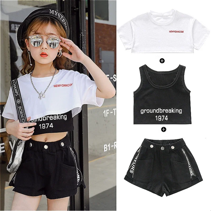 New Summer Fashion Girls' Clothes Short T-Shirt Skinny Vest Shorts Girls Suit Letters Printed 3-13Y Set Di Tre Pezzi Felpa
