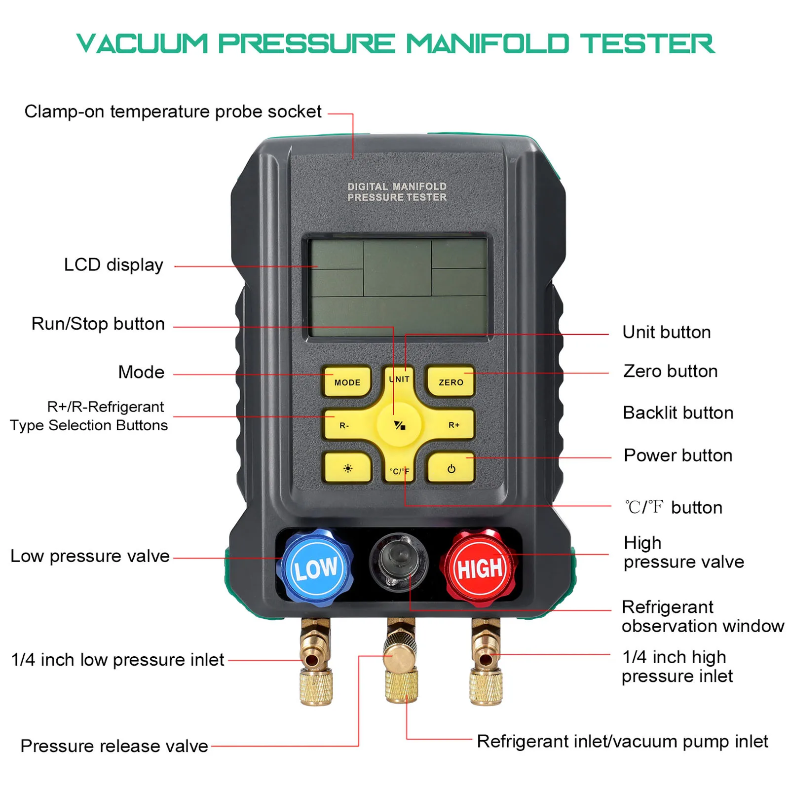 Duoyi Dy522A Digital Collettore Meter Aria Condizionata Vacuum Gauge Per Refrigerazione Hvac Vacuum Pressure Temperature Tester Set