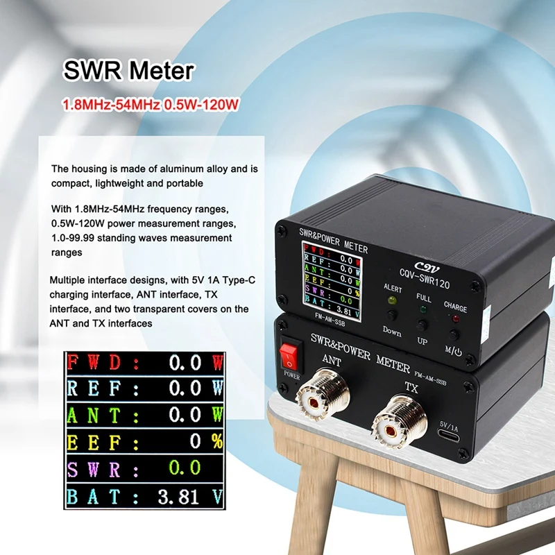Cqv-Swr120 120W Swr Wave Meter Swr Meter High Standing Wave Alarm Function 240X240 Display A Colori Fm-Am-Ssb