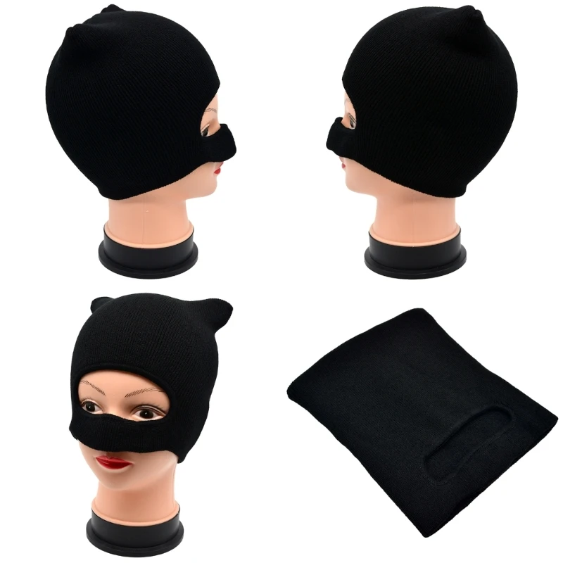 Halloween Passamontagna Little Devil Beanie Funny Balaclava Masquerade Eyemask Half Face Cat Ear Beanie Y2K Crochet Hat