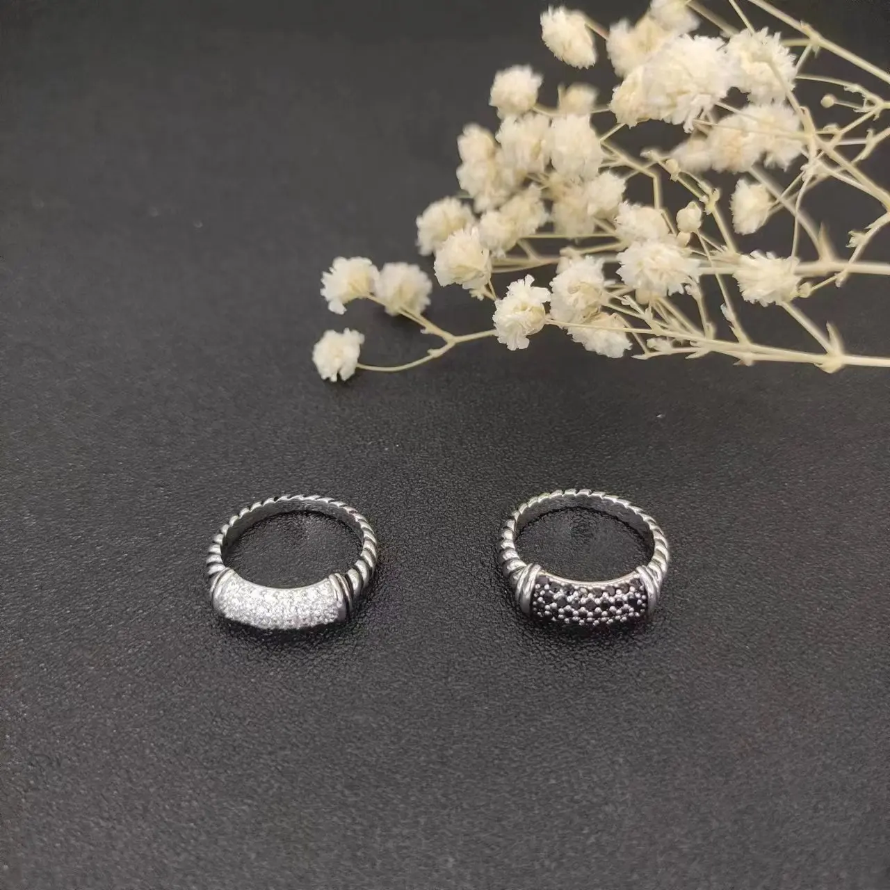 New Dy Rings Cable Collecties Twisted Line Black White Stone Stack In Argento Sterling Con Pavé Diamonds