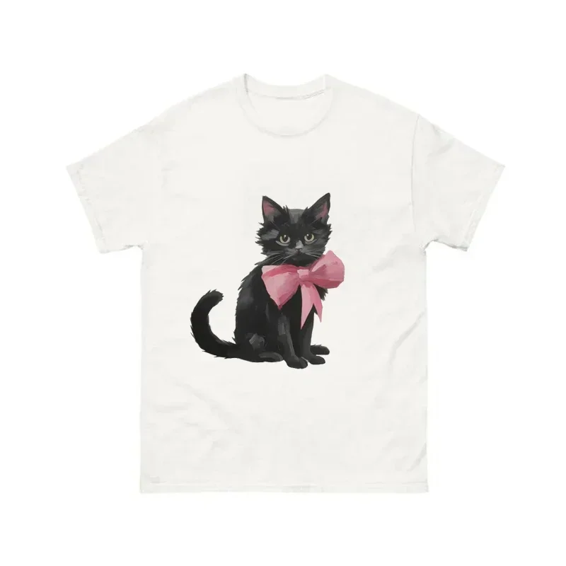 Black Cat Baby Tee Pink Bow Y2K Baby Tee Pink Ribbon Vintage Estetica Cottagecore T-Shirt Da Donna Trendy