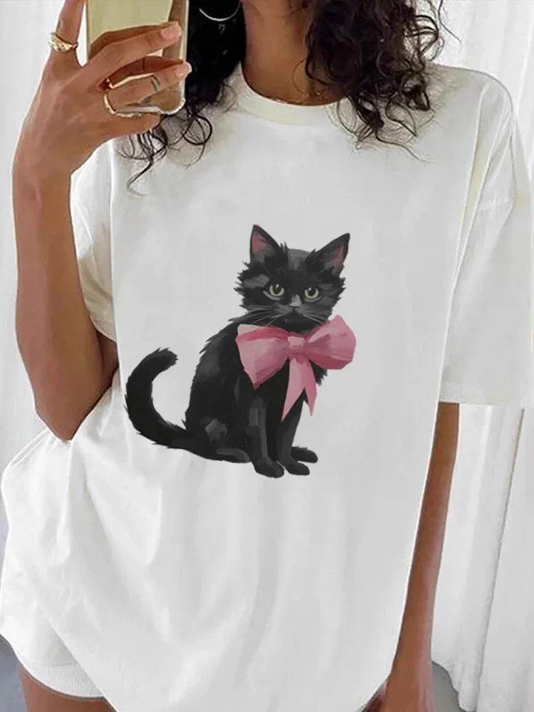 Black Cat Baby Tee Pink Bow Y2K Baby Tee Pink Ribbon Vintage Estetica Cottagecore T-Shirt Da Donna Trendy