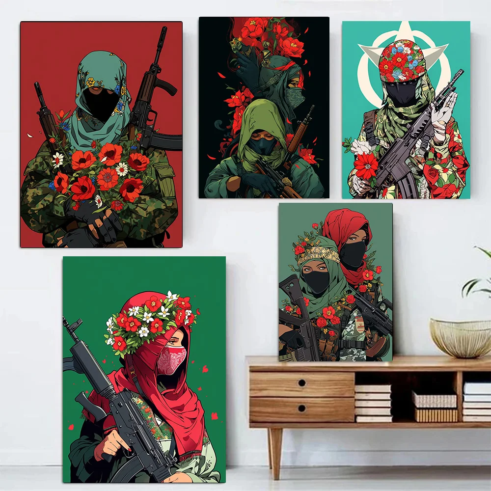 Mascherato Guerriero Decorazione Immagini Camera Wall Art Canvas Painting Beautiful Female Warrior Holding Roses In Hand 1Pcs Decor Home