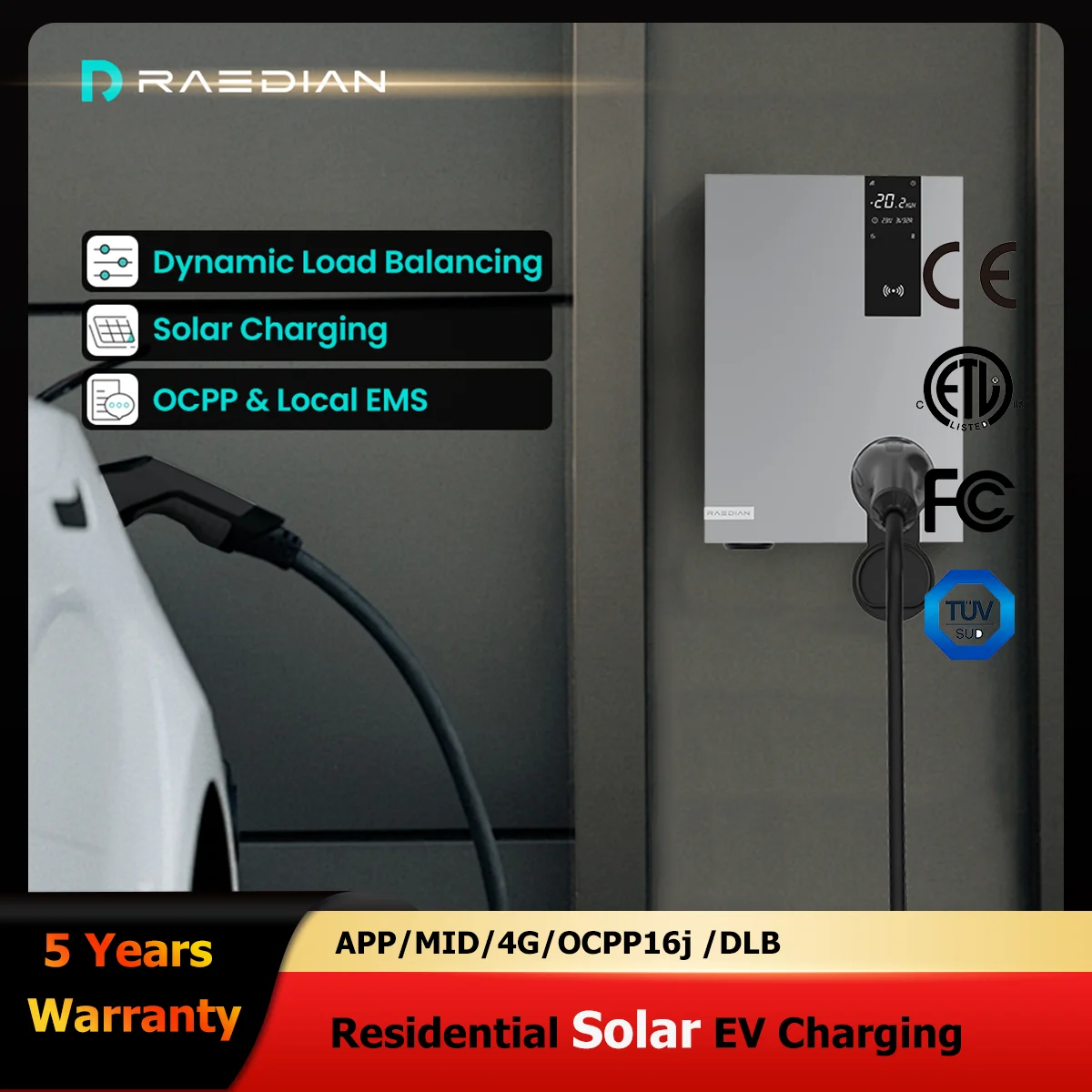Raedian Home Balance 22Kw Ev Charger Mid Solar Powered Ev Charging,Dlb Ocpp16J Wallbox Caricabatteria Per Auto Elettrica 4G Ac Wallbox