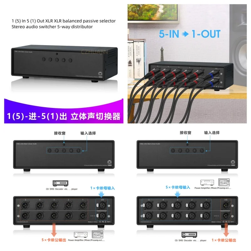 Nuovo 1 (5) In 5 (1) Out Xlr Xlr Balanced Passive Selettore Stereo Audio Switch Distributore A 5 Vie