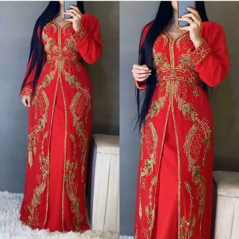Red African Dress Fancy Abaya Dubai Women'S Beaded Marocchino Long Shirt Fashion Trend