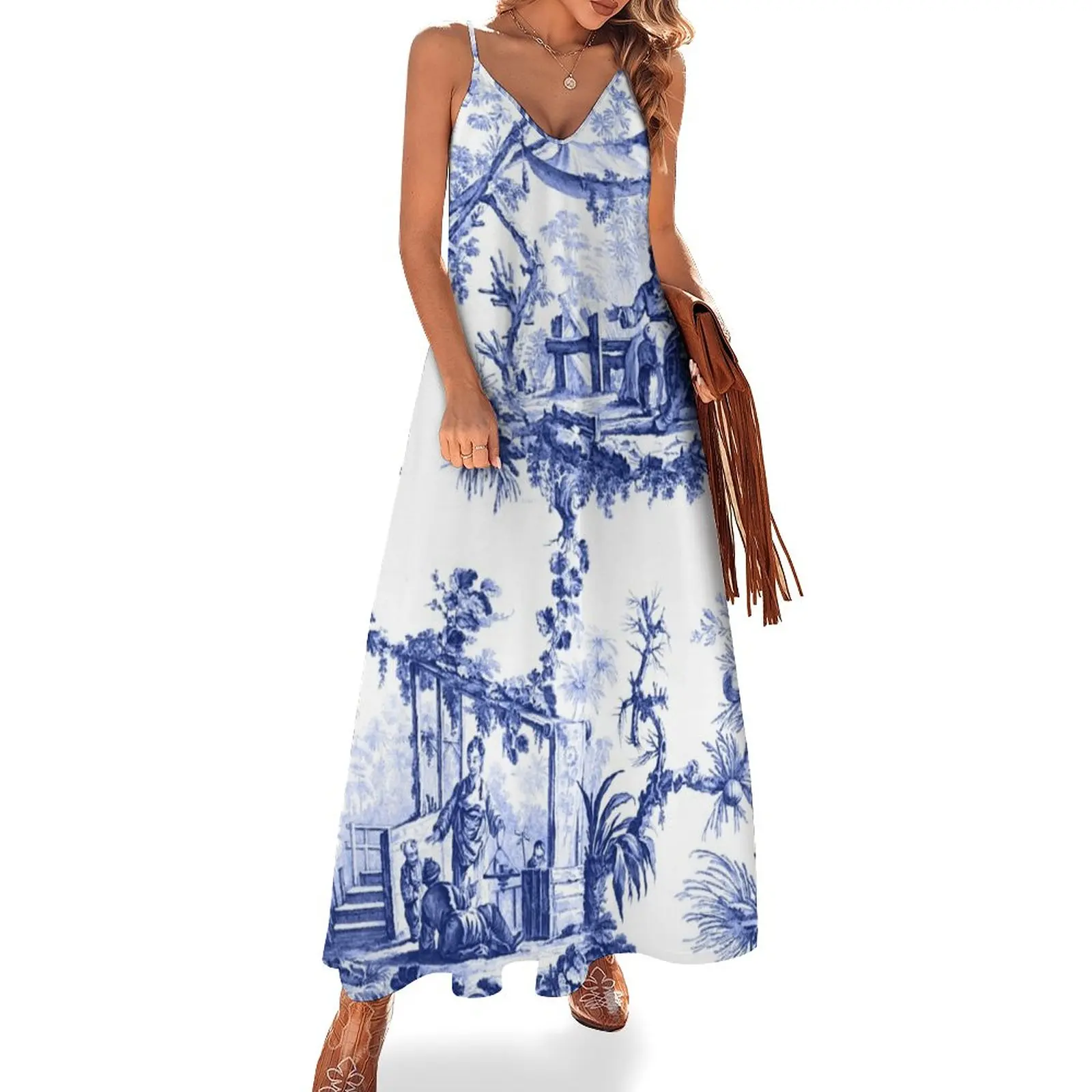 Blu Chinoiserie Toile Abito Senza Maniche Abiti Estivi Donna 2024 Abbigliamento Femminile