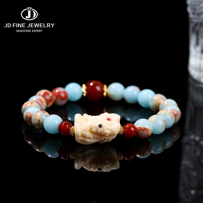 Jd Natural Shoushan Stone Ivory Nut Female Mammon Buddha Bracciale Donna Fashion Design Round Bead Stretch Bangles Yoga Jewelry
