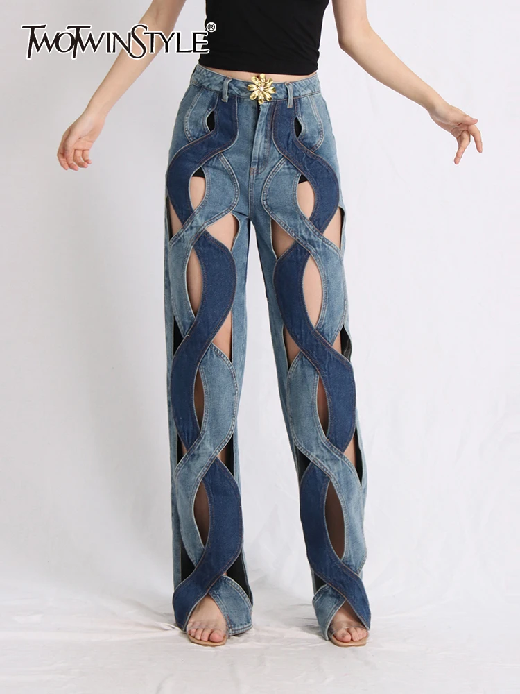 Twotwinstyle Jeans Casual In Denim Per Donna Vita Alta Scava Fuori Patchwork Floreale Sexy Flare Jean Abbigliamento Moda Femminile 2023