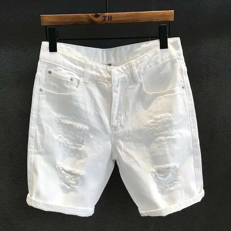 Estate 2024 Abbigliamento Di Lusso Da Uomo Moda Coreana Slim Pantaloncini Casual In Denim Bianco Con Fori Strappati Per Pantaloni Corti Da Ragazzo Ado
