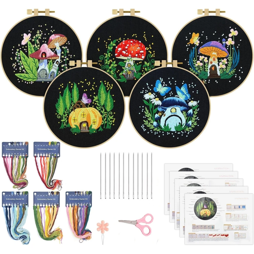 5Pcs Art Craft Pratico Set Da Cucito Fungo Punto Croce Starter Kit Decorazione Pittura Kit Da Ricamo Fai Da Te Per Principianti