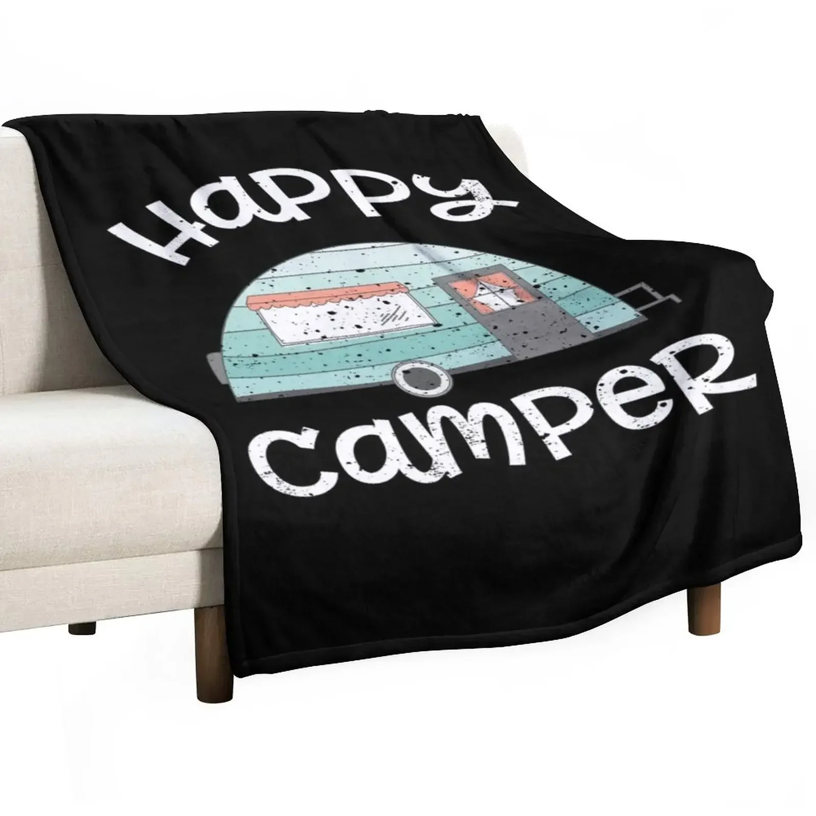 Happy Camper Retro Trailer Rv Caravan Camping Throw Coperta Coperte E Plaid Warm For Winter Luxury St Beautellow Coperte