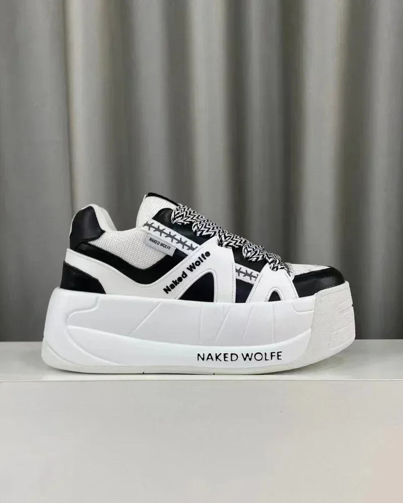 Naked Wolfe Lace-Up Leather Suede Mesh Platform Trainers Punta Tonda Suola A Contrasto 3D Bubble Logo Placca Scarpe Firmate Da Donna
